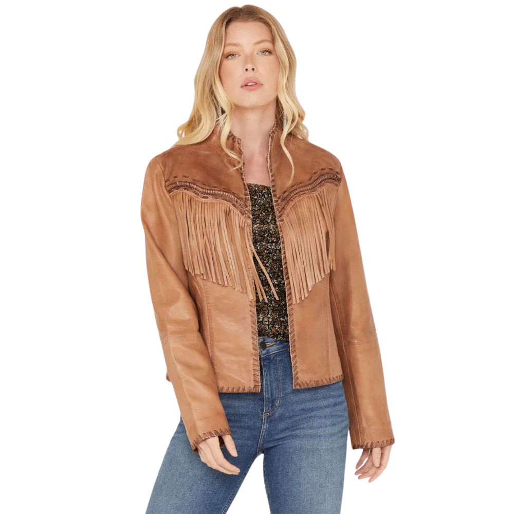 Women's Light Brown Western Fringe Cowhide Leather Jacket Boho Cowgirl Style