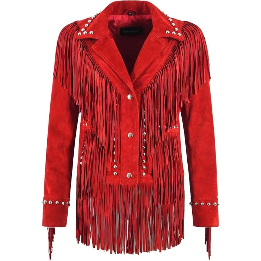 Women's Red Suede Western Jacket with Fringe & Studded Working