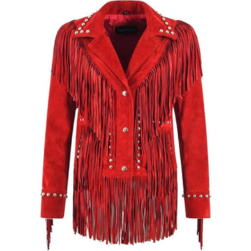 Women's Red Suede Western Jacket with Fringe & Studded Working