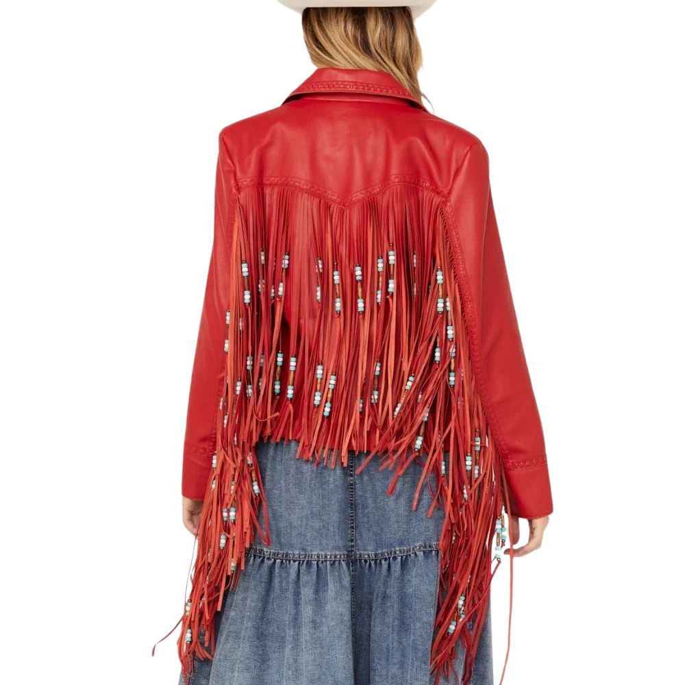 Women's Red Western Fringe Leather Jacket – Handmade Cowgirl Style & Beaded Accents