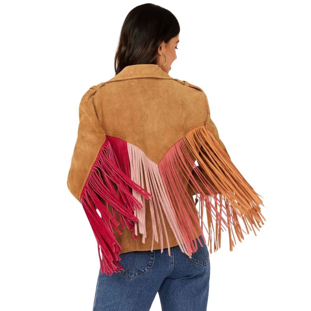Women's Western Suede Fringe Jacket – Cowgirl Tan Biker Style with Zipper Closure