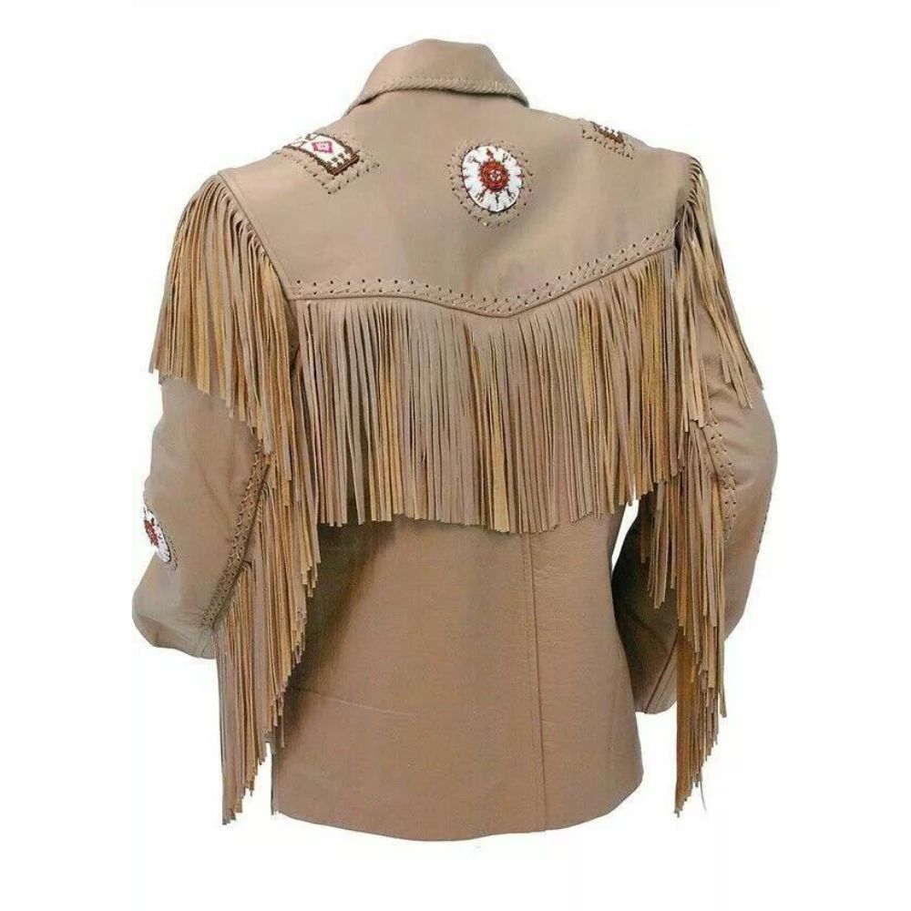 Men's Beige Western Cowhide Leather Jacket with Beaded Bone Work