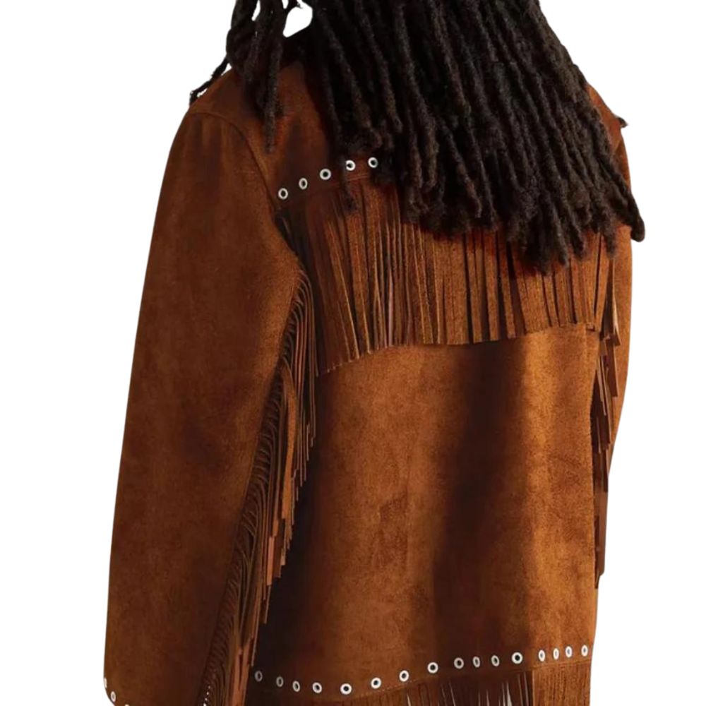 Men's Brown Western Suede Fringe Jacket with Grommet Detailing