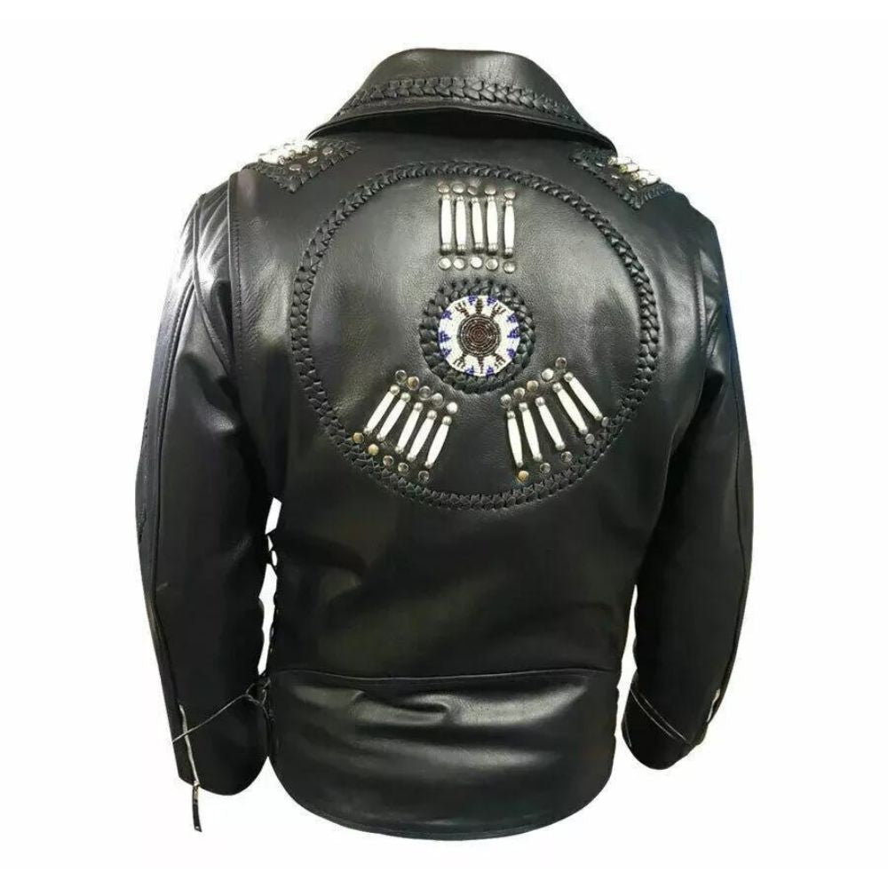 Men’s Classic Black Western Leather Fringe Jacket With Beaded Working