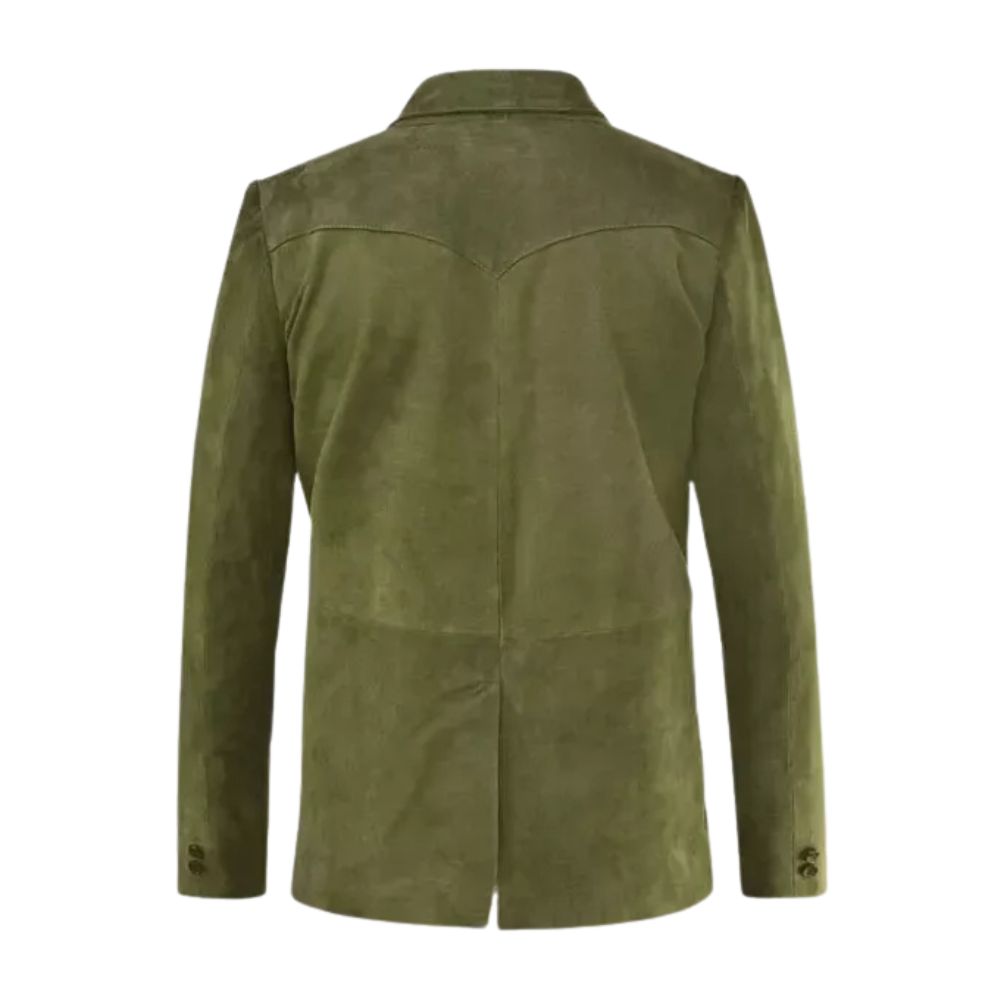 Men’s Green Western Genuine Leather Blazer Jacket with Two Pockets