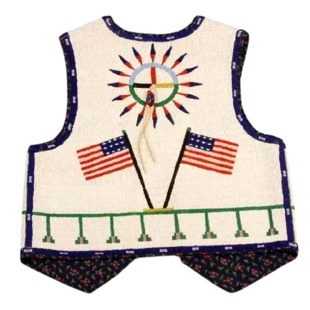 Men’s Old American Flag Back Sioux Style Beaded-Regalia Western Leather Vest