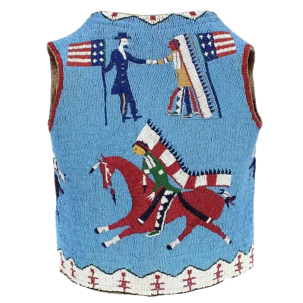 Men’s Sioux Beaded Leather Vest – Western Cowboy Waistcoat Blue Warrior & Horse Design