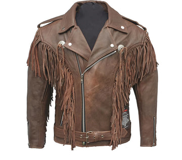 Men’s Western American Moto Brown Cowhide Leather Jacket with Fringe