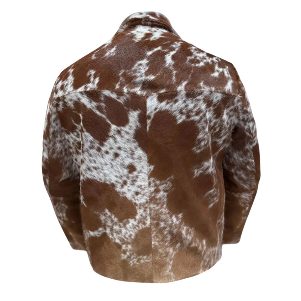 Men’s Western Brown & White Cowhide Hair Leather Biker Shirt Jacket
