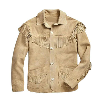 Men's Beige Western Suede Leather Shirt Jacket with Fringe