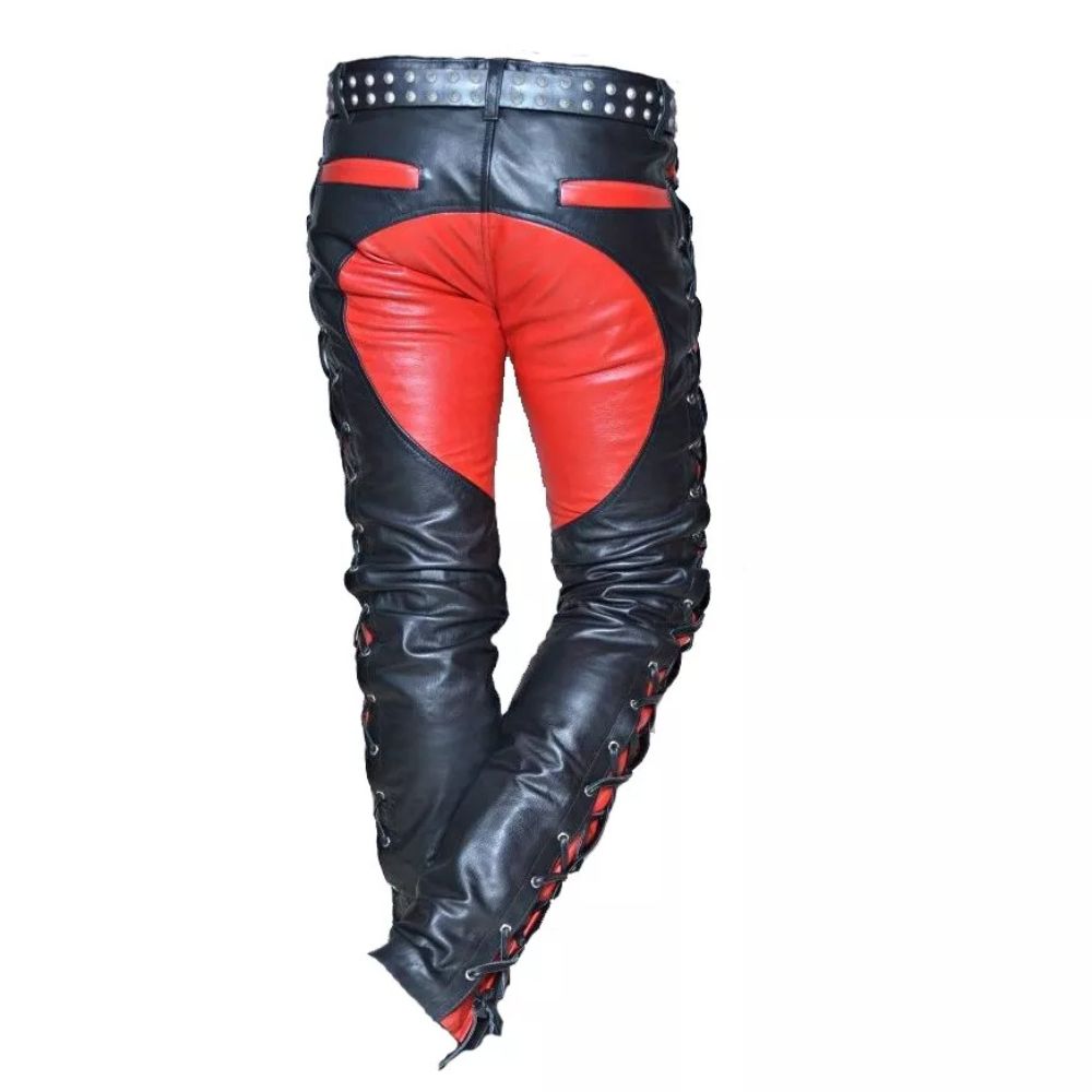 Men's Black-Red Western American Cowhide Leather Pants with Tassel Detail