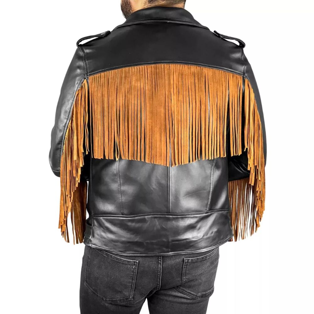 Men's Black Western Leather Jacket with Brown Fringe & Belt