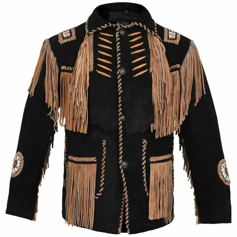 Men's Black Western Leather Jacket with Fringe, Beaded & Bone Detailing