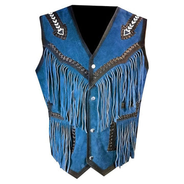 Men's Blue Western Leather Fringe Vest & Tribal Beaded Detailing – Rodeo Cowboy Style