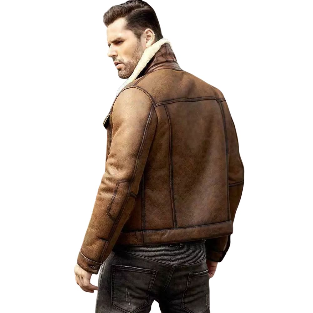 Men's Brown B3 RAF Aviator Fur Sheepskin Leather Bomber Jacket - Double Stitching