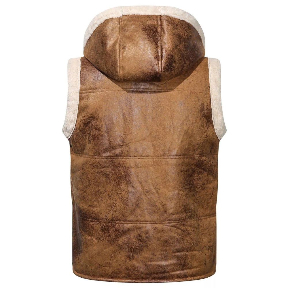 Men's Brown Bomber Cowhide Leather Vest Jacket & Hoodie - Two-Tone Colors