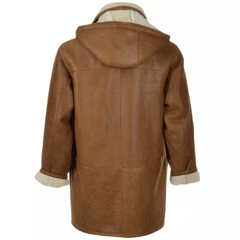 Men's Brown Cowhide Leather Jacket with Hood and Two Pockets