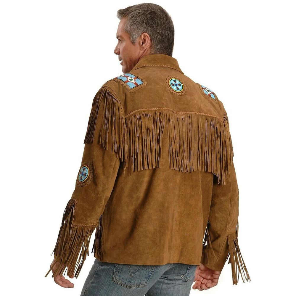 Men's Brown Western Leather Jacket with Fringe and Engle Beaded Bone Detailing