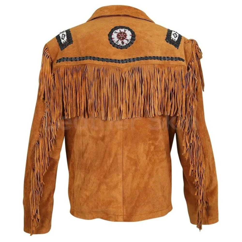 Men's Brown Western Leather Jacket with Fringe & Handmade Beading