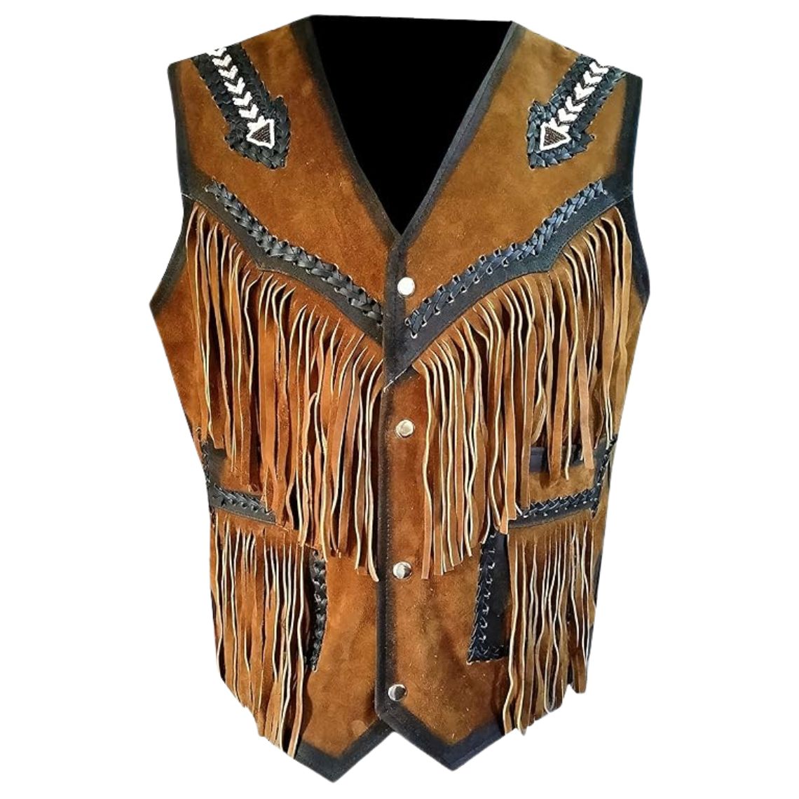 Men's Brown Western Suede Leather Fringe Vest Cowhide Patchwork Beaded Work