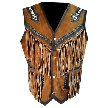 Men's Brown Western Suede Leather Fringe Vest Cowhide Patchwork Beaded Work