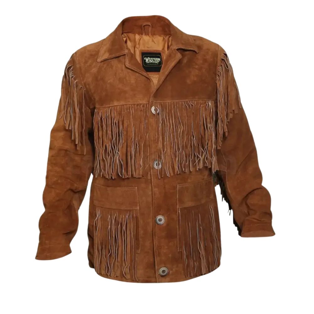 Men's Brown Western Suede Leather Jacket with Fringe Work