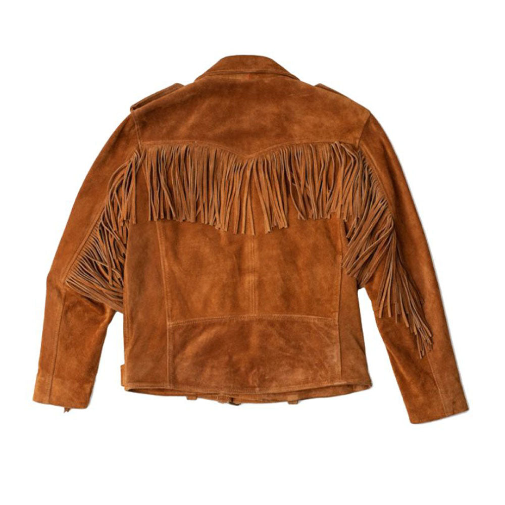 Men's Brown Western Suede Leather Jacket with Fringe Work