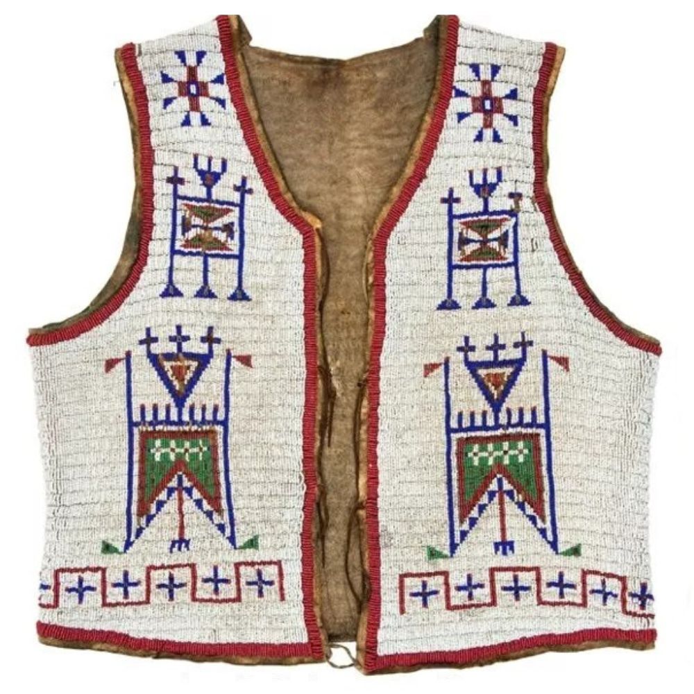 Men's Handmade Sioux Beaded Leather Vest Western Tribal Waistcoat & Geometric Patterns