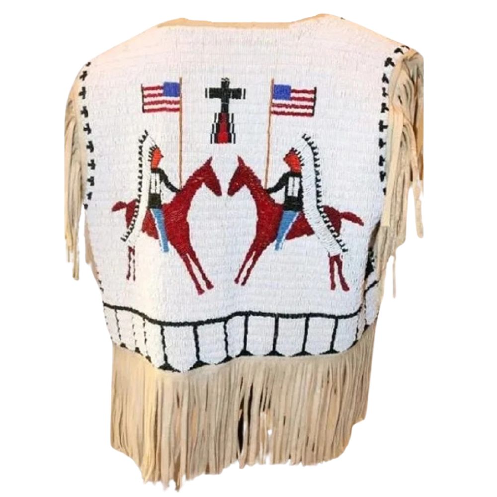 Men's Old American Flag Sioux Style Beaded Leather Vest – Handmade Regalia Western