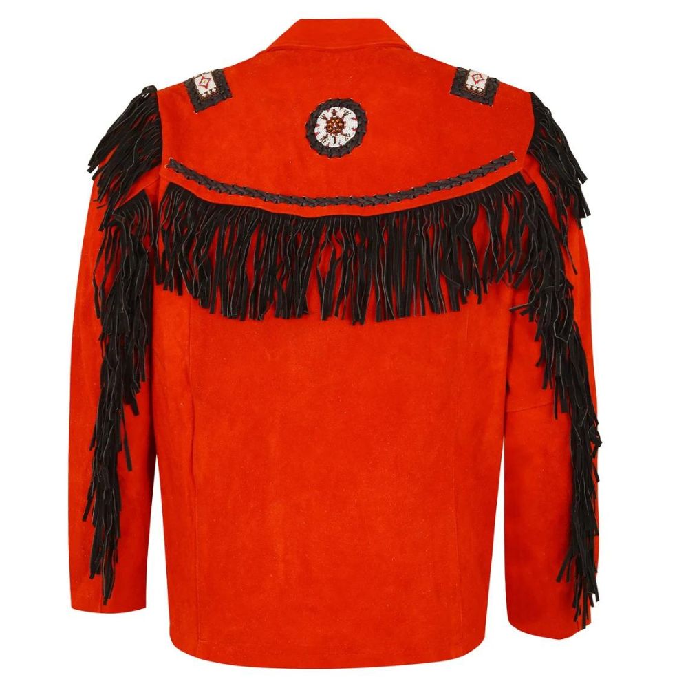 Men's Red Western Suede Leather Jacket Handmade Fringe & Beaded Work