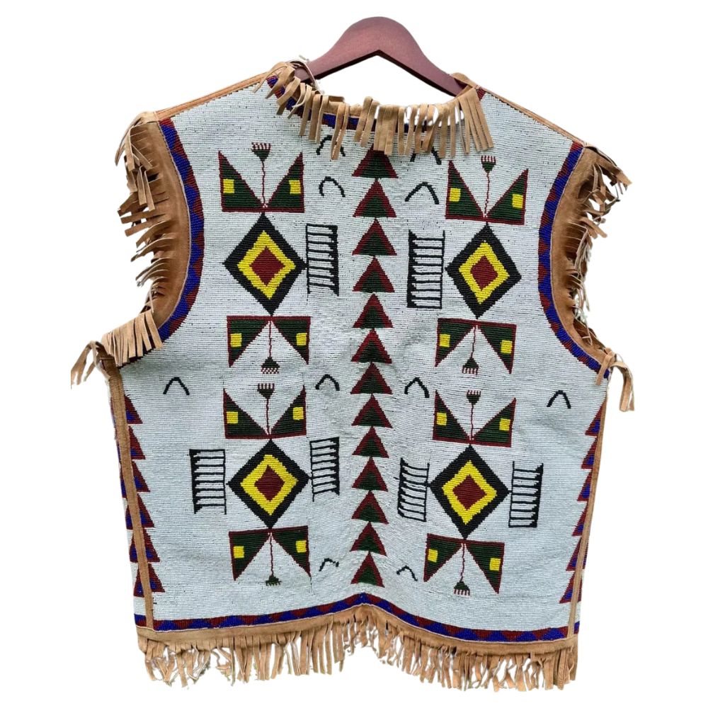 Men's Sioux Beaded Suede Leather Vest & Native American Style Fringe & Tribal Patterns