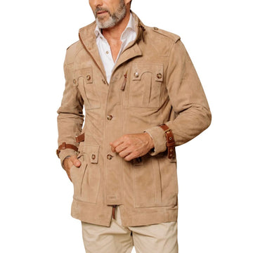Men's Tan Suede Safari Style Leather Jacket with Button Closure & Buckle Straps