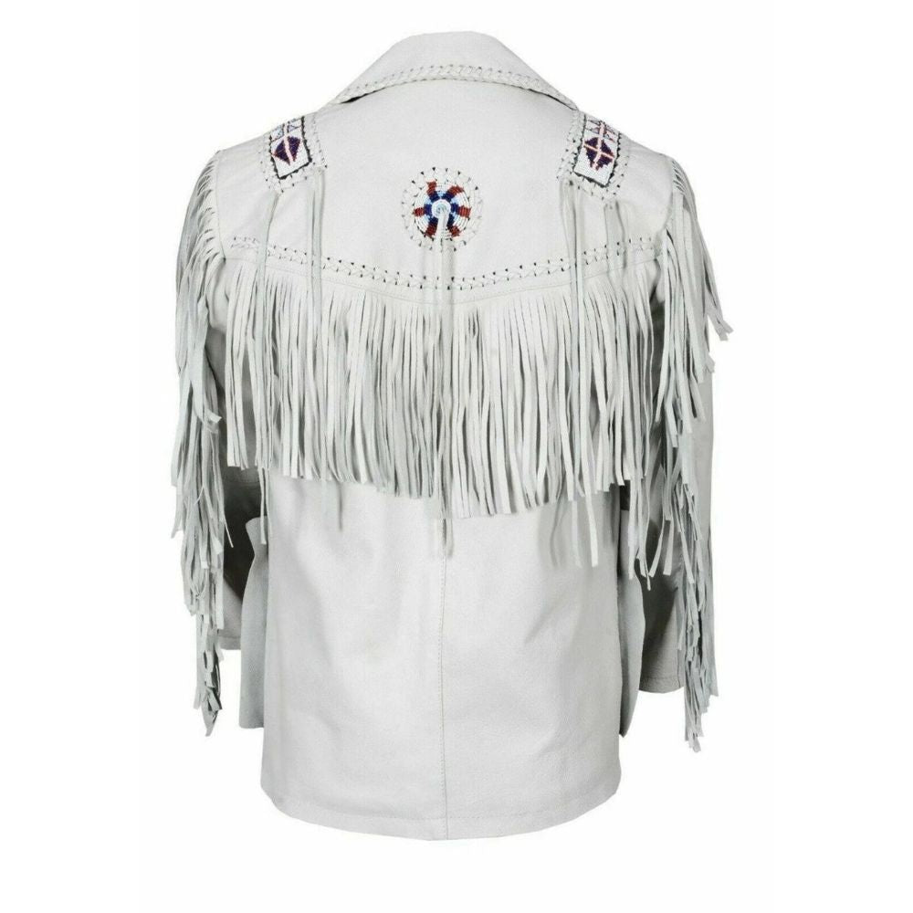 Men's White Western Suede Leather Jacket with Fringe and Beaded Detailing