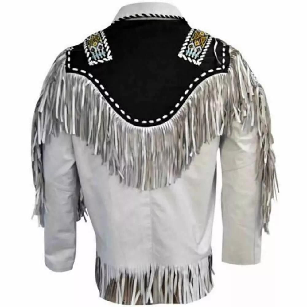 Men's White Western Suede Leather Jacket With Fringe and Beaded Work