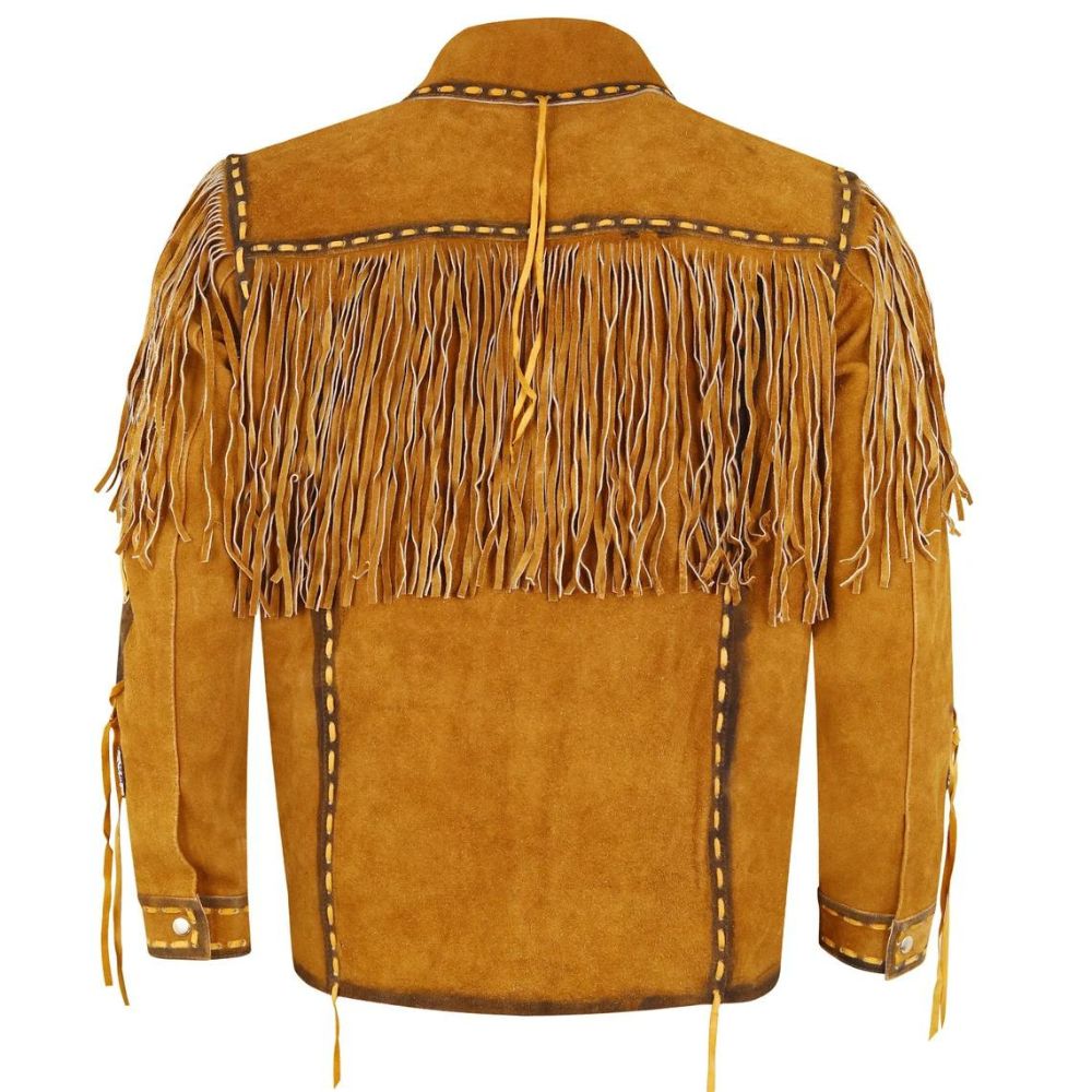 Men's Yellow Brown Western Leather Jacket with Fringe and Studs