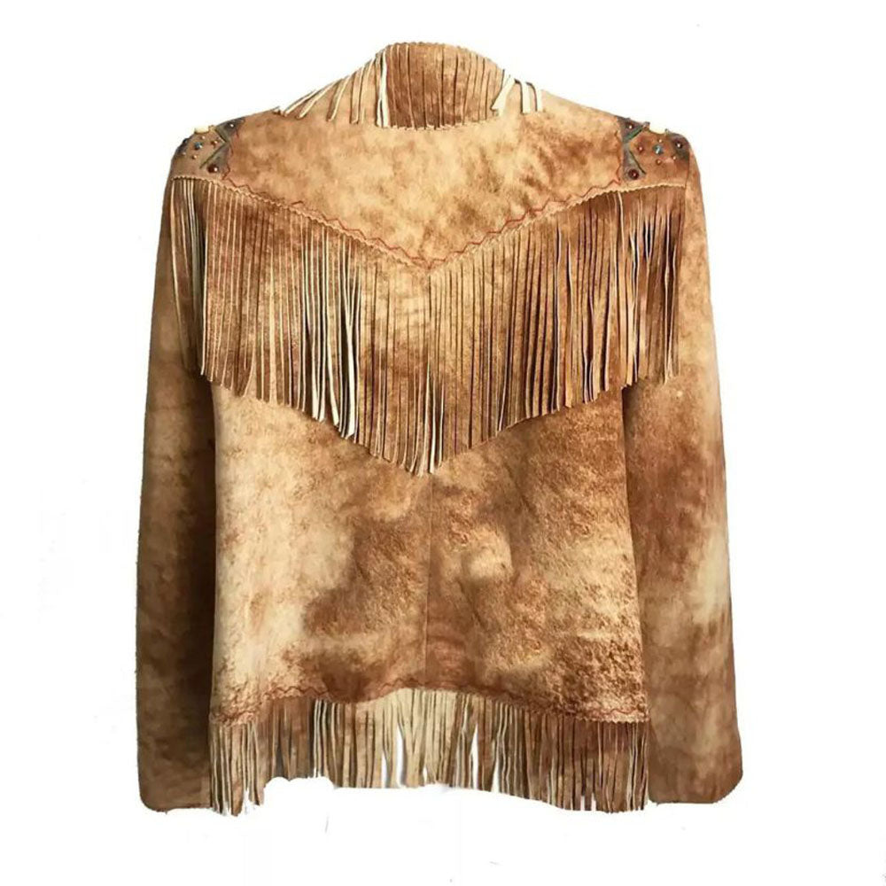 Women’s Light Brown Suede Western Jacket with Fringe & Small Beaded Work