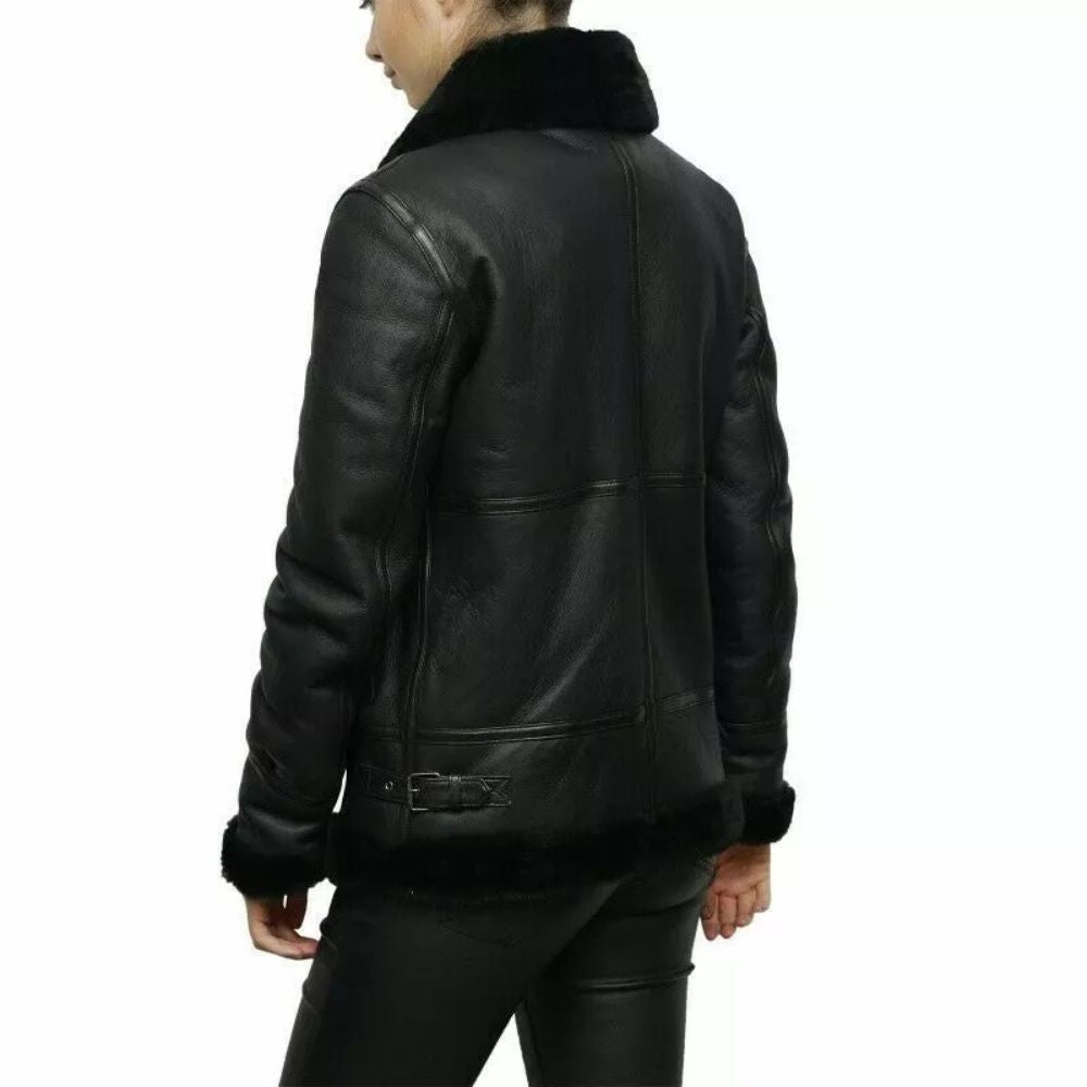 Women's B3 RAF Bomber Black Aviator Faux Fur Real Leather Jacket