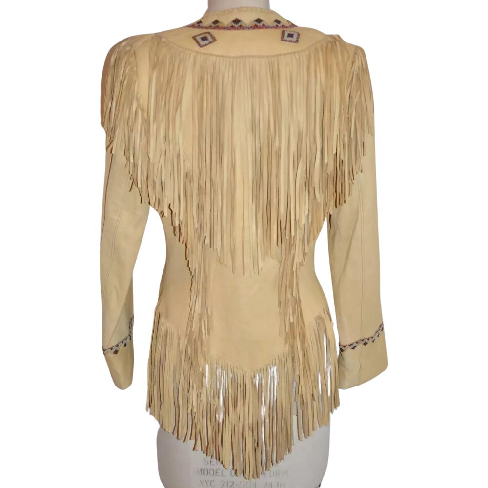 Women's Beige Western Cowhide Leather Jacket with Fringe & Beaded Work