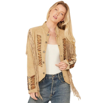 Women's Beige Western Suede Leather Fringe Jacket – Cowgirl Style Bone & Beaded Work