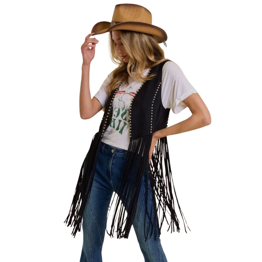 Women's Black Suede Leather Fringe Western Cowgirl Sleeveless Vest & Stud Detailing