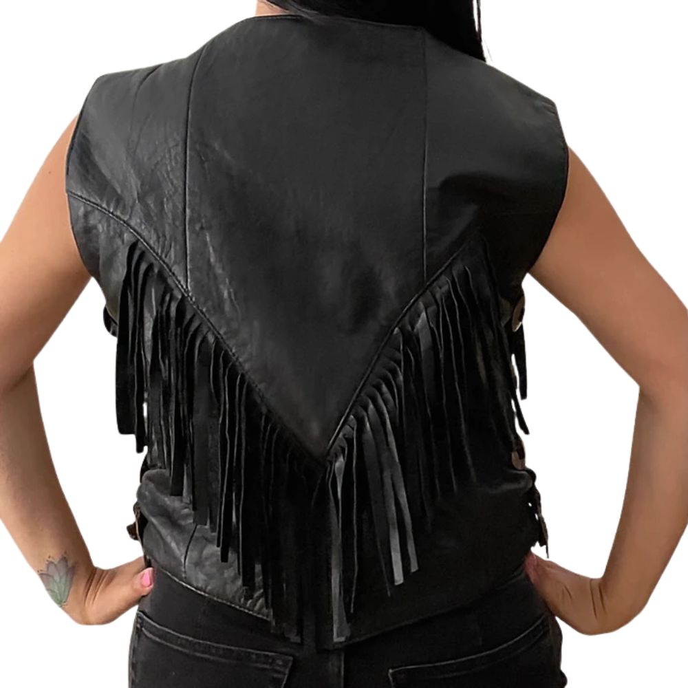 Women's Black Western Cowgirl Leather Vest – Fringe Style with Snap Buttons