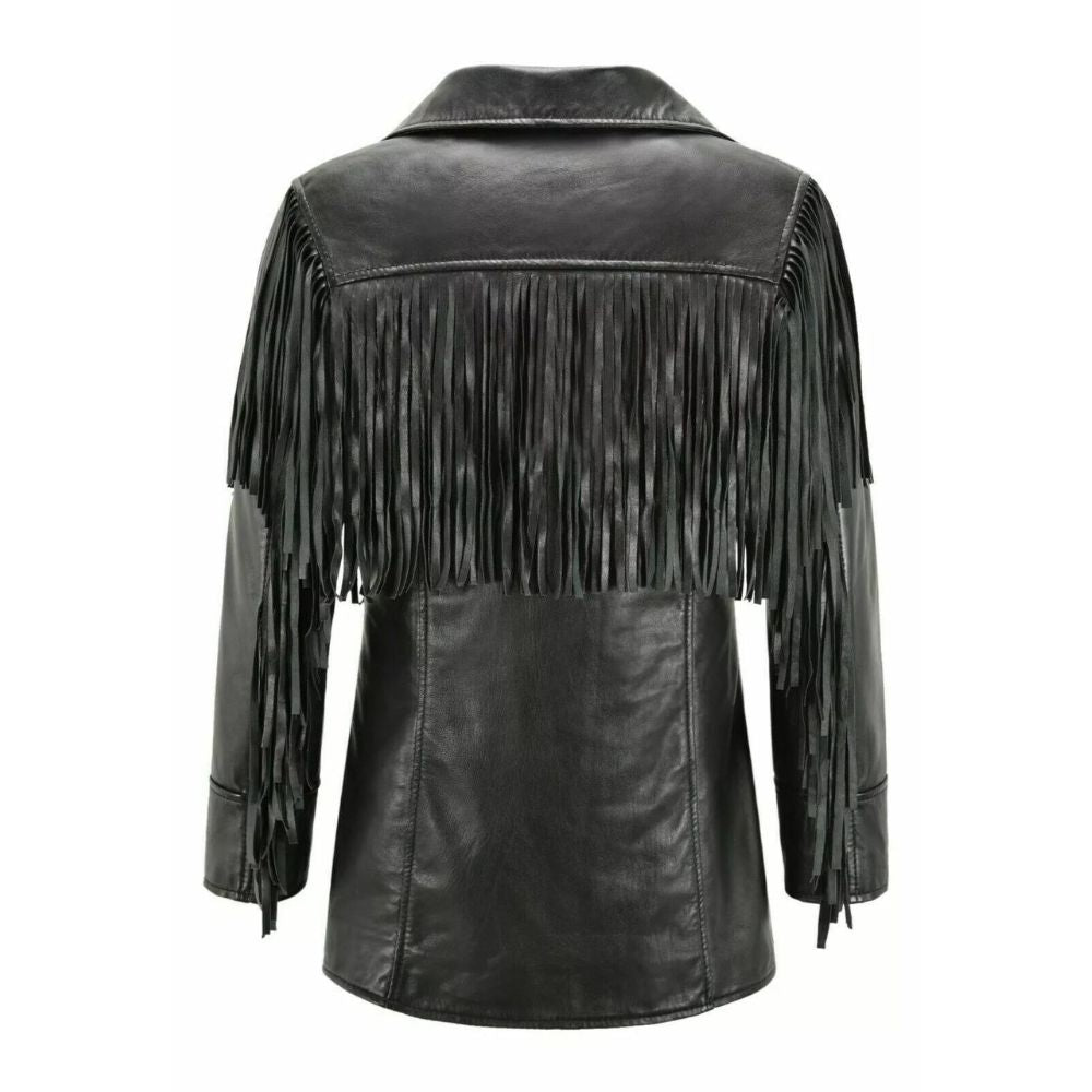 Women's Black Western Cowhide Leather Jacket with Fringe Work