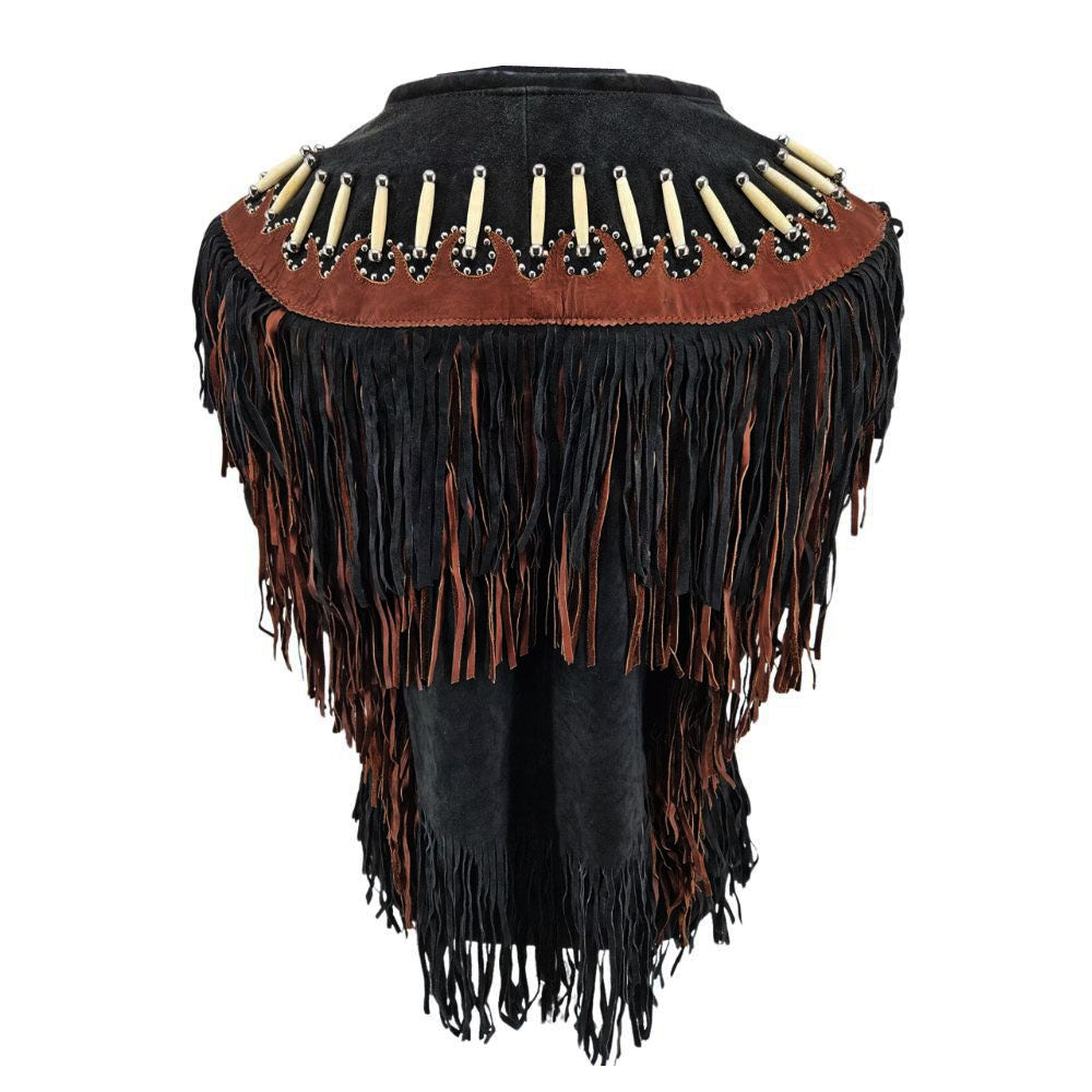 Women's Black Western Genuine Bone Studded Fringe Leather Vest Jacket