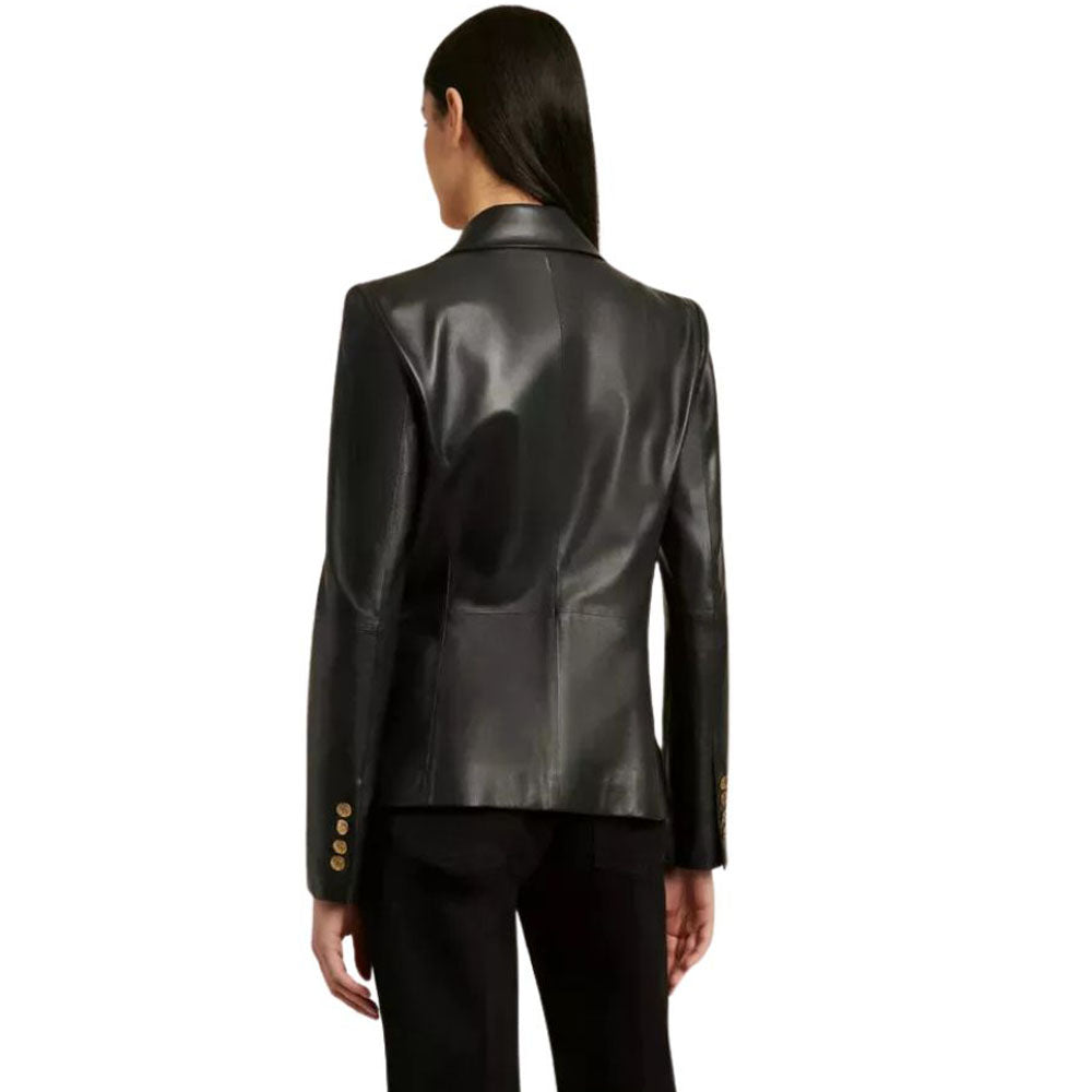 Women's Black Western Genuine Leather Blazer Jacket with Six Buttons