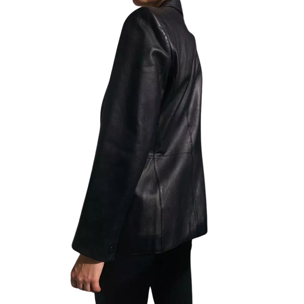 Women's Black Western Genuine Leather Blazer Jacket with Two Pockets