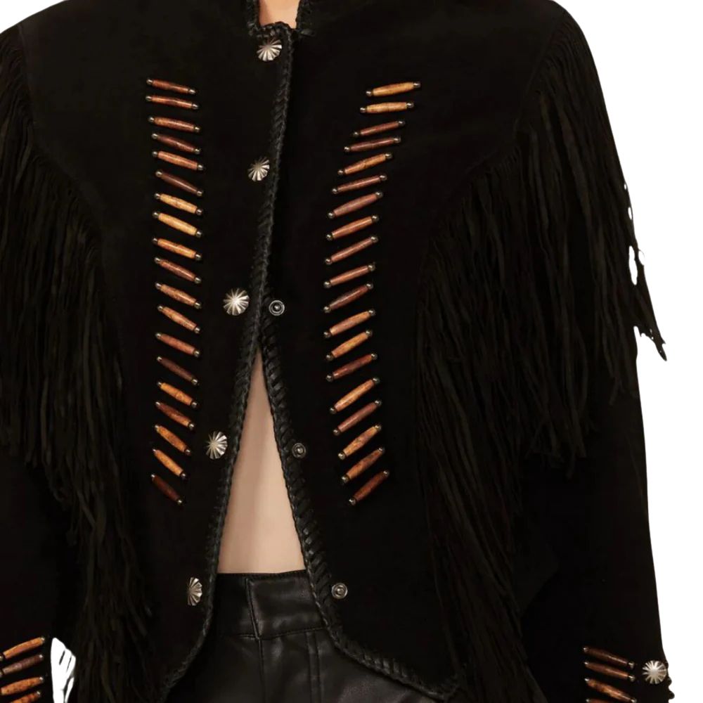Women's Black Western Leather Jacket with Brown Bone and Fringe