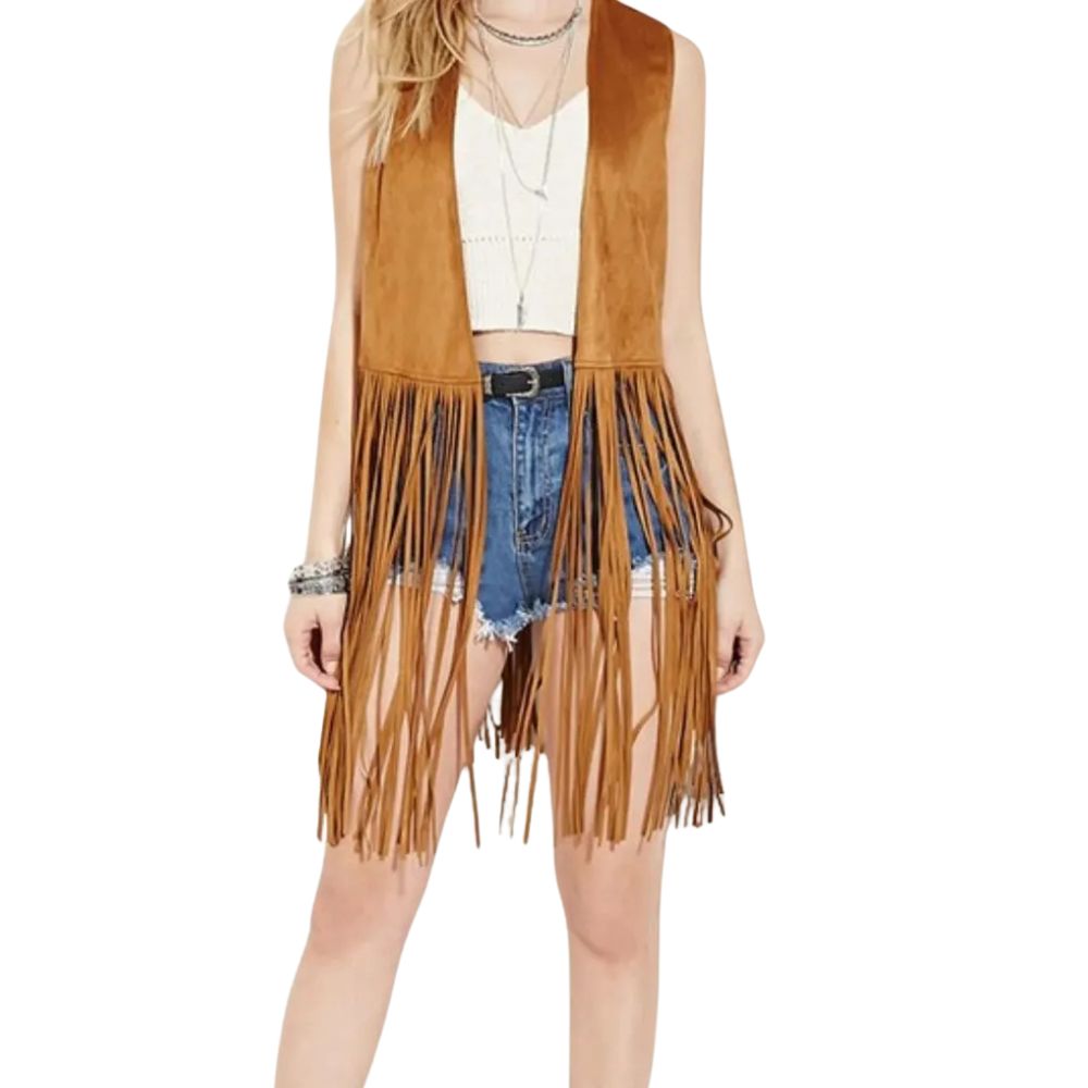 Women's Brown Suede Leather Fringe Vest – Western Cowgirl Sleeveless Jacket
