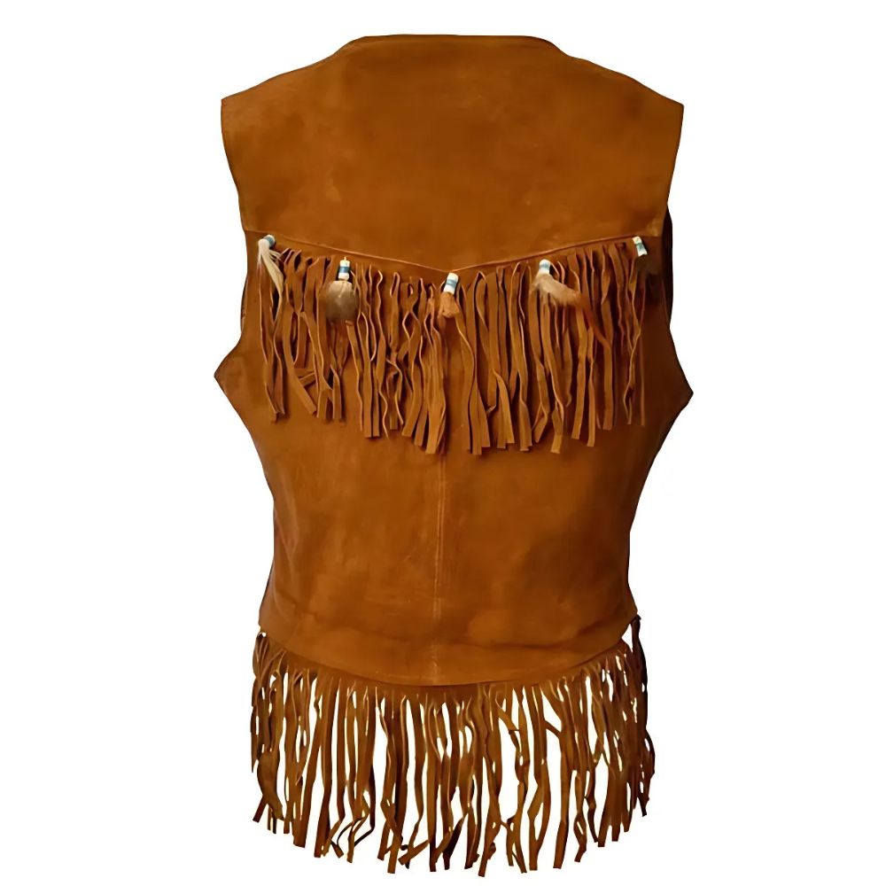 Women's Brown Suede Leather Fringe Vest – Western Style with Silver Studded Detailing