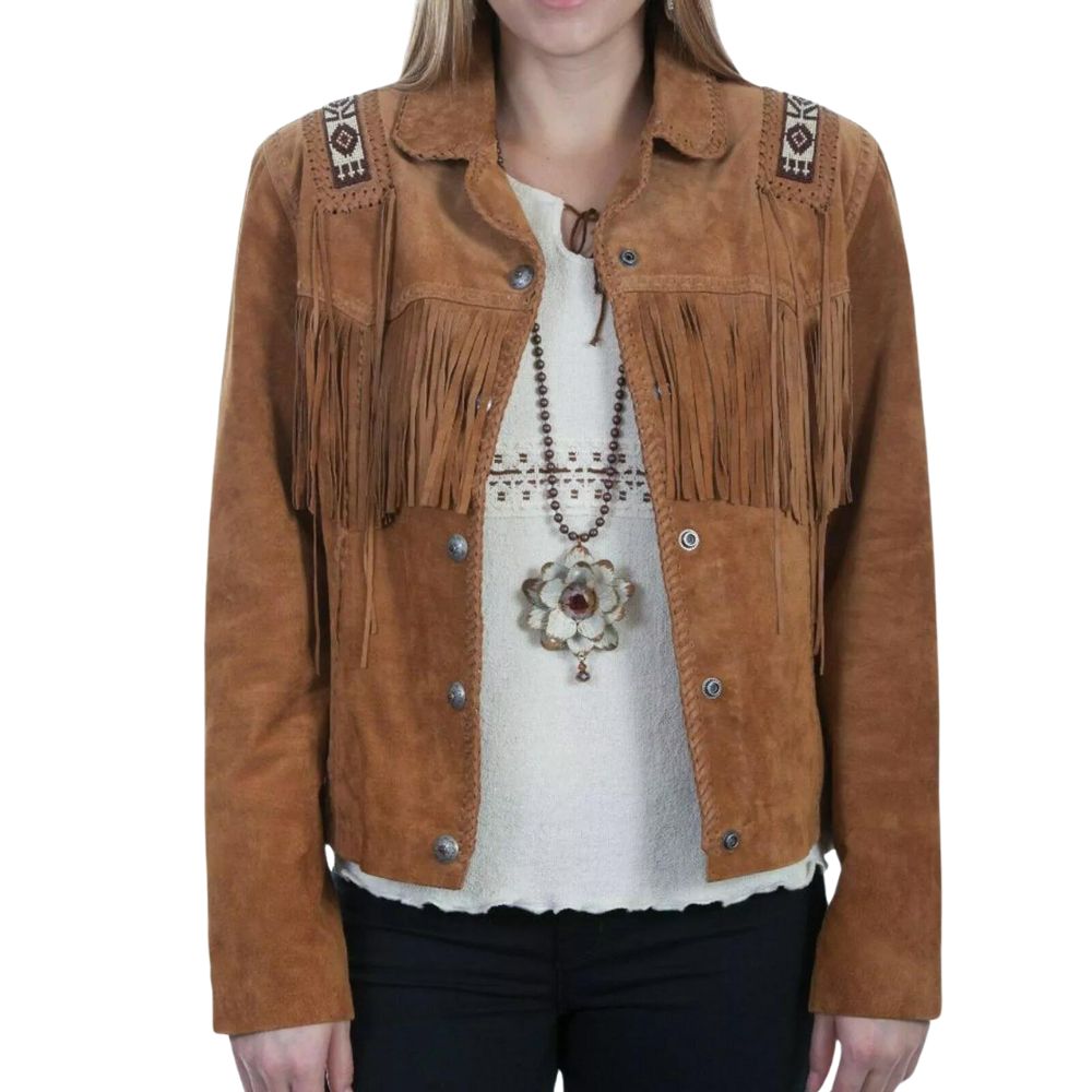 Women's Brown Suede Western Leather Jacket with Beaded Fringe Work