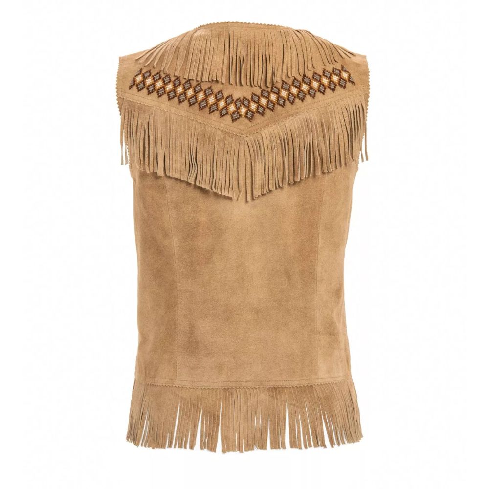 Women's Brown Western Genuine Leather Fringe & Beaded Vest Jacket